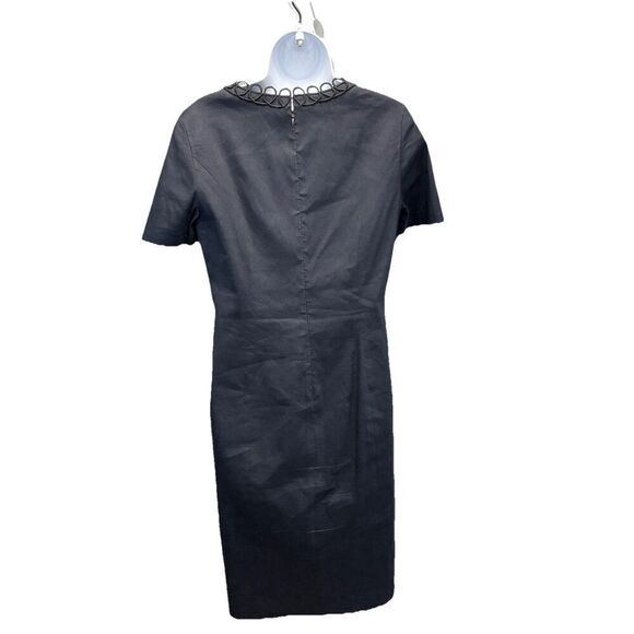 Elie Tahari Loretta Linen Sheath Dress Size 6 Navy Blend Scallop V-Neck Classy - Picture 3 of 15